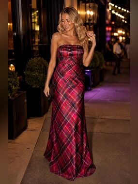 Vintage Daisy Creations Strapless Red Plaid Evening Gown Size 10 Vivian Dessy 💎